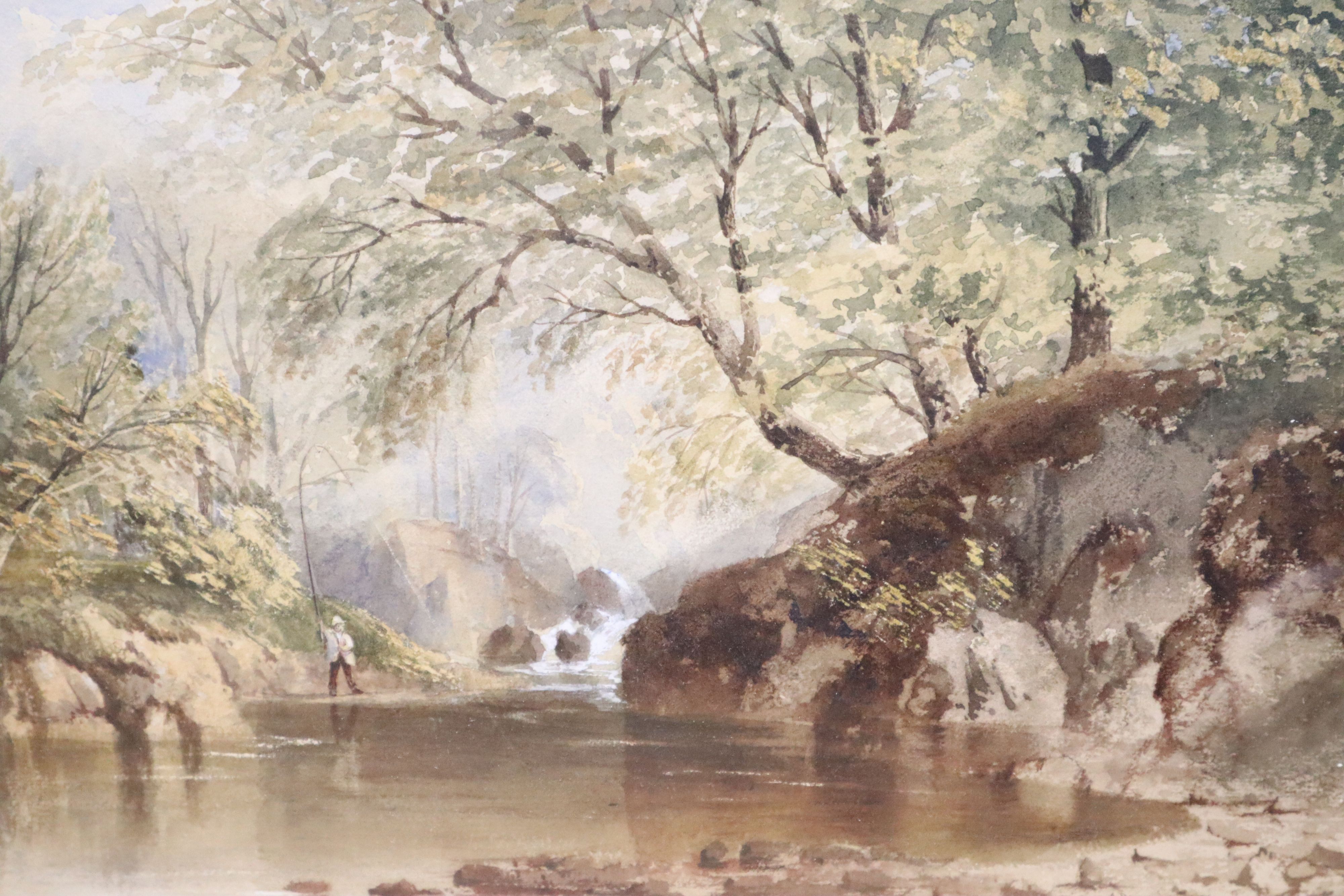 Cornelius Pearson (1805-1891), watercolour, Angler beside a wooded stream, signed and dated 1851, 23 x 33cm